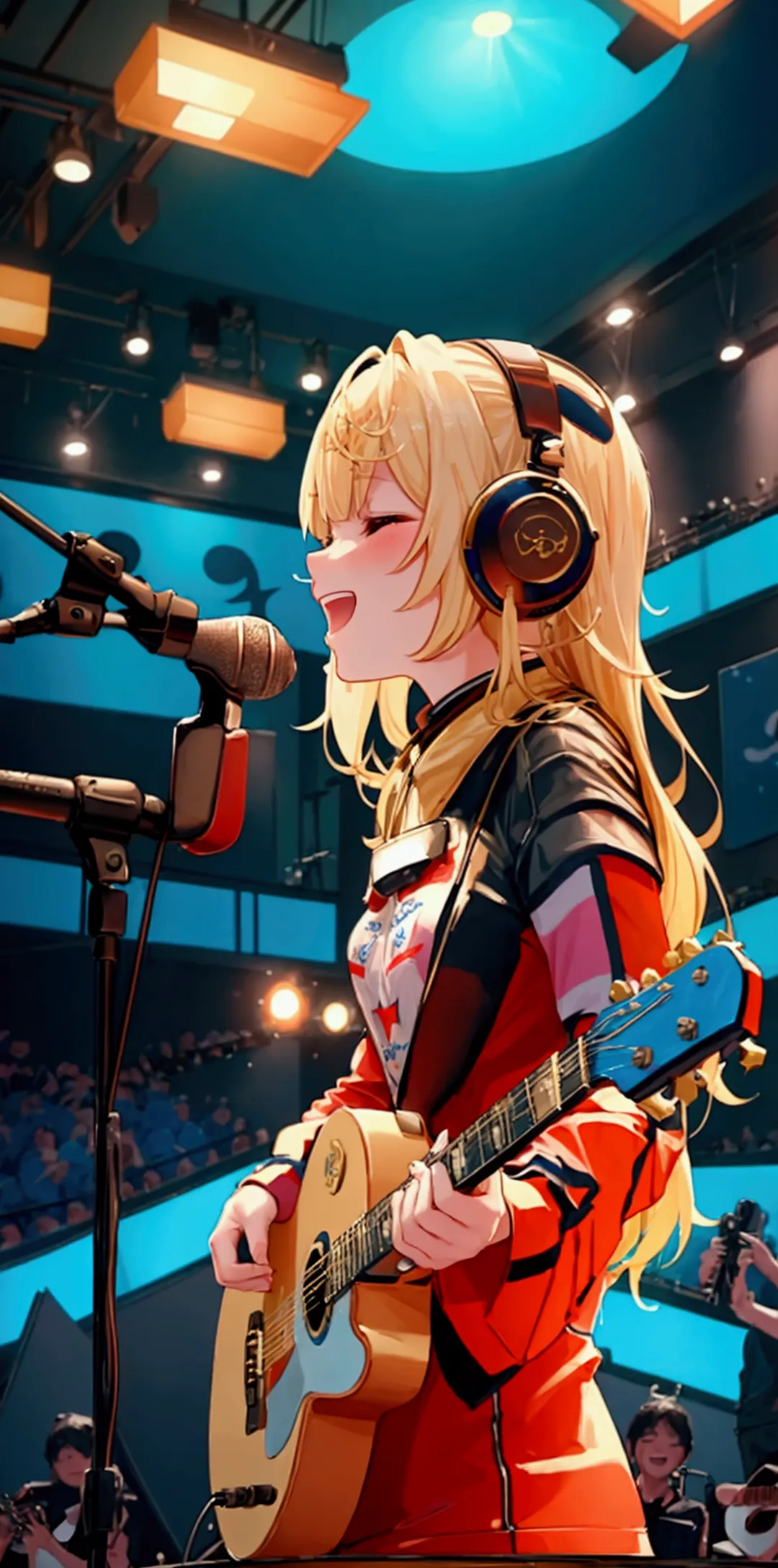 highest quality,masterpiece,blonde,girl,microphone,microphoneスタンド,laughing,i have a guitar,band,live performance venues,large cr...