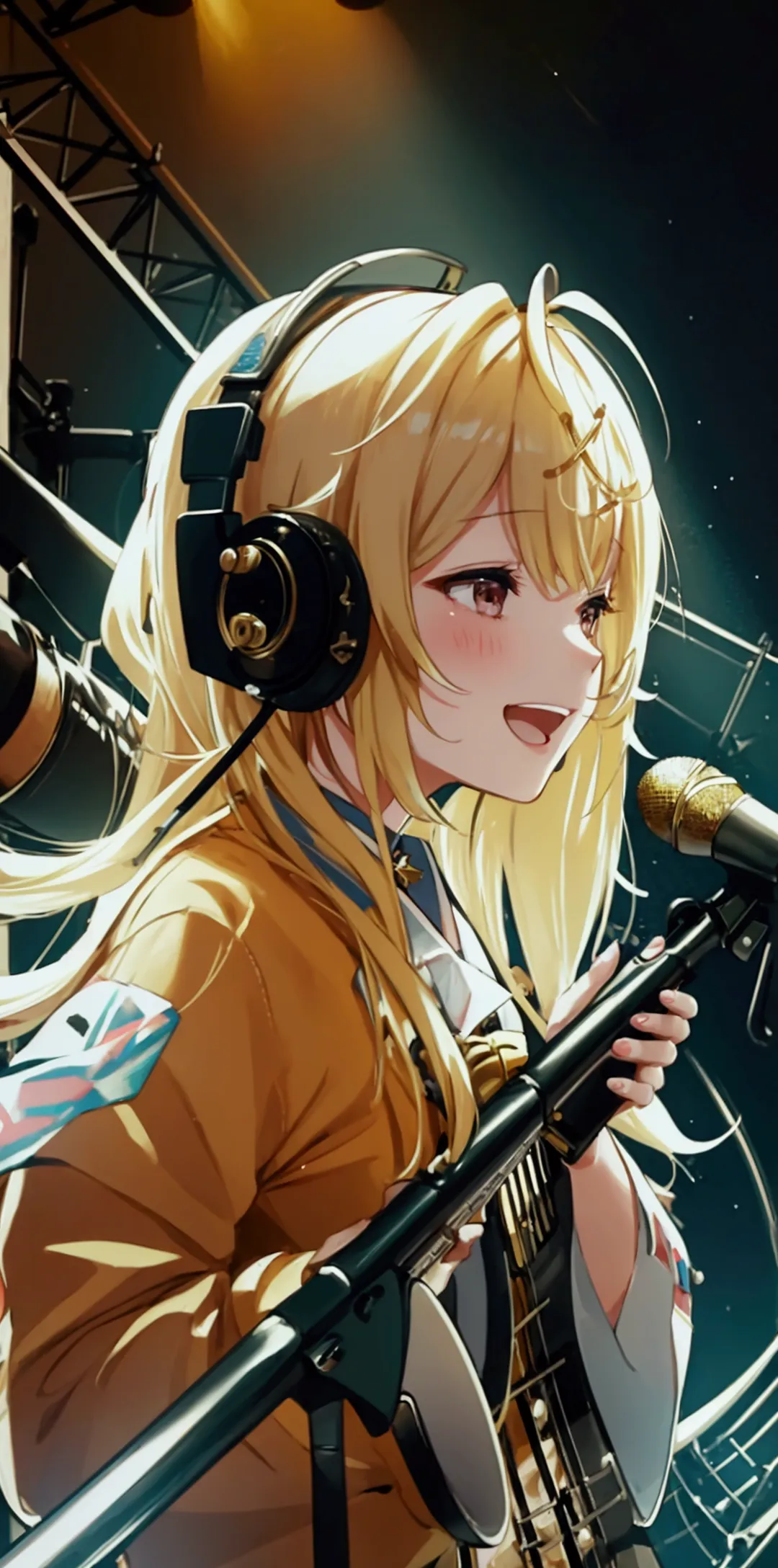 highest quality,masterpiece,blonde,girl,microphone,microphoneスタンド,laughing,i have a guitar,band,live performance venues,large cr...