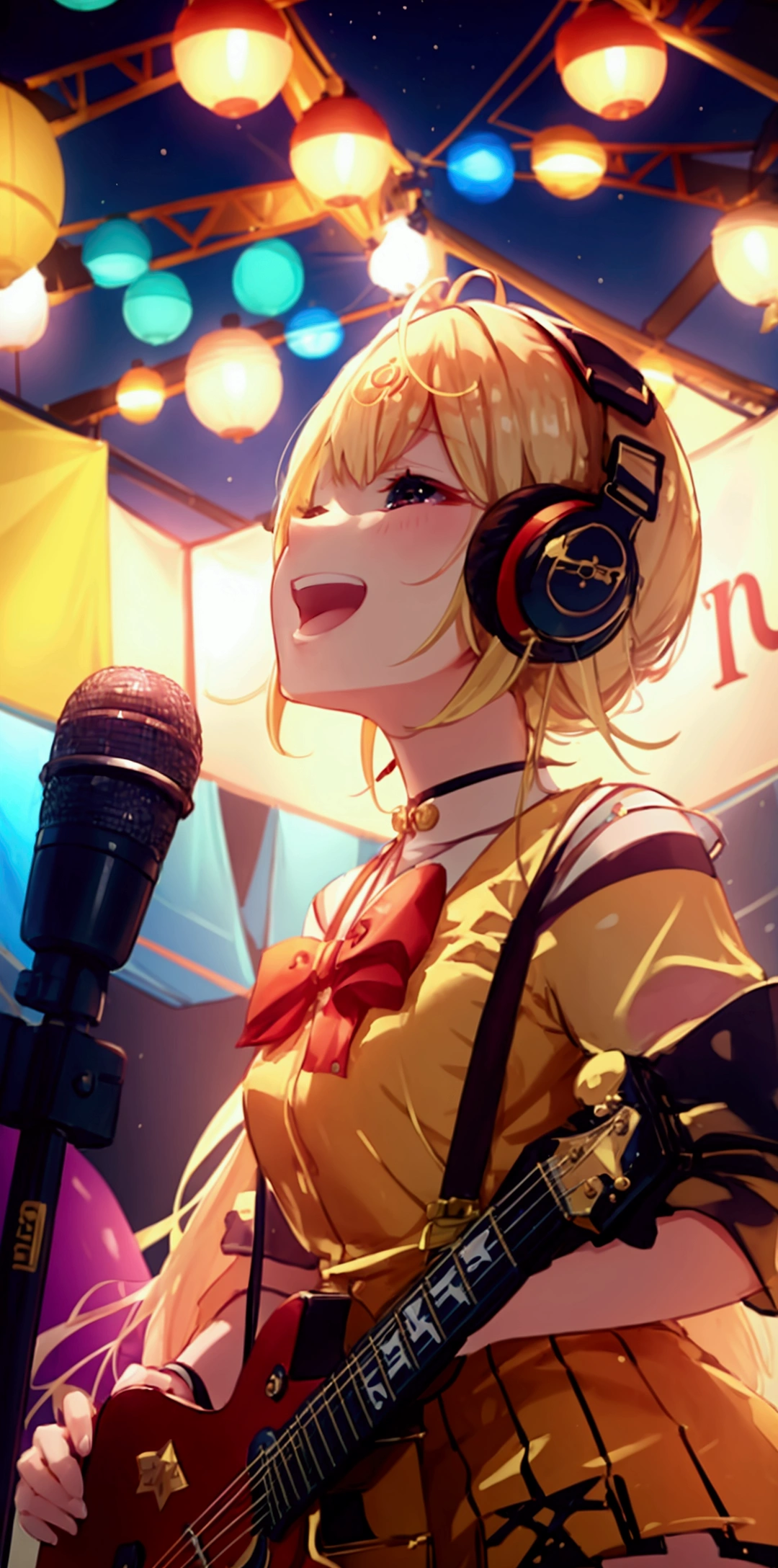 Highest quality,masterpiece,Blonde,girl,microphone,microphoneスタンド,laughing,I have a guitar,headphone,festival venue,Short skirt,Height 147cm