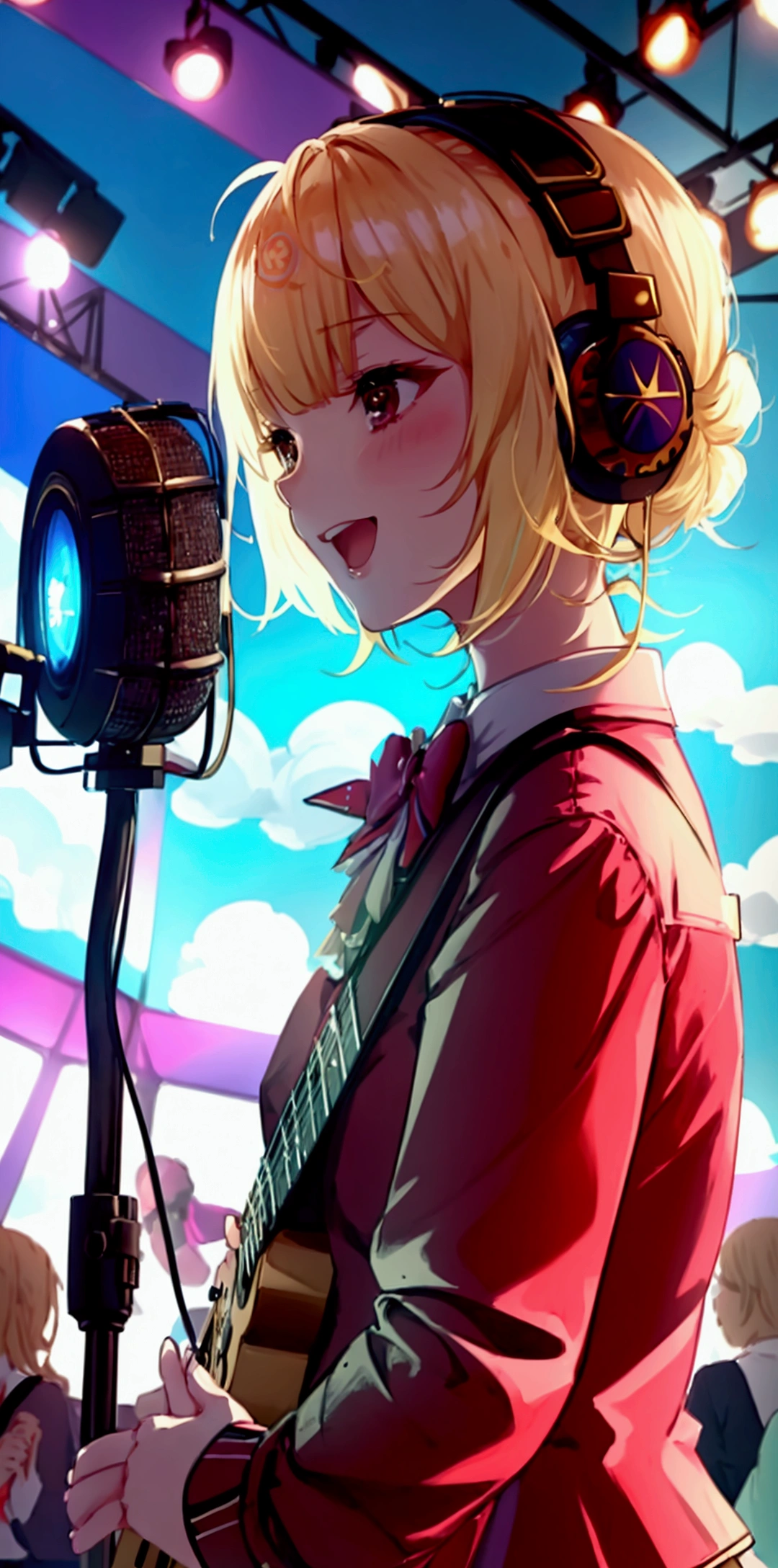 Highest quality,masterpiece,Blonde,girl,microphone,microphoneスタンド,laughing,I have a guitar,headphone,festival venue,Short skirt,Height 147cm