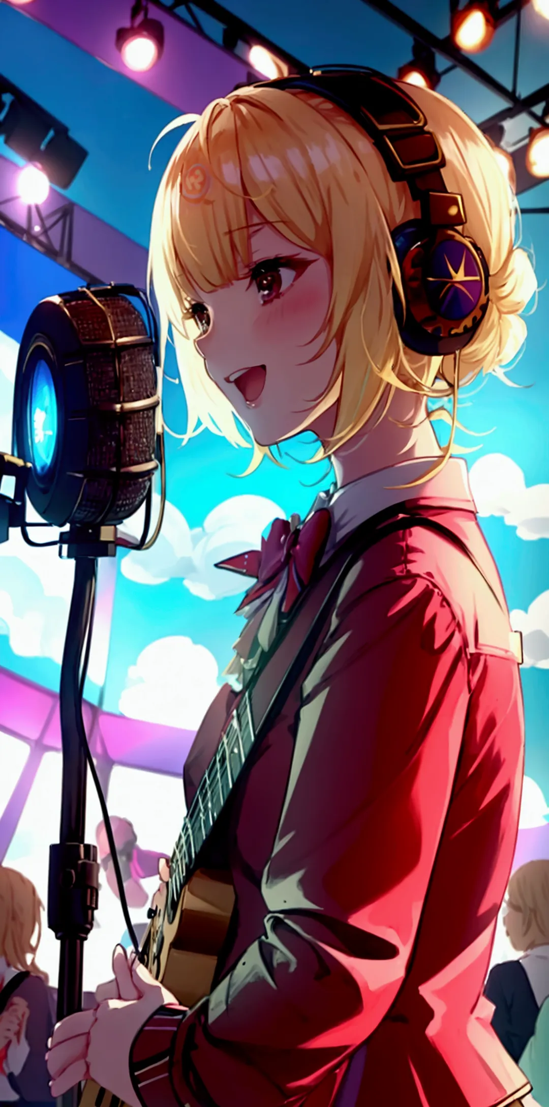 highest quality,masterpiece,blonde,girl,microphone,microphoneスタンド,laughing,i have a guitar,headphone,festival venue,short skirt,...