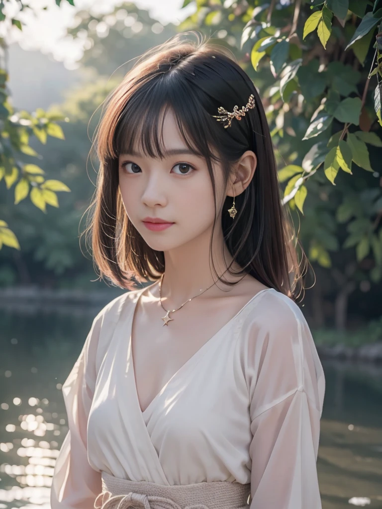 Great quality, masterpiece, High Resolutiupon, One girl, blush, (Captivating smile: 0.8), Star Student, Chinese Hanfu Lilac, hair accessory, necklace, jewelry, beauty, upon_body, Tyndall effect, realism, Lotus Pupond, Light Edge, Two-tupone Lighting, (Skin with attention to detail: 1.2), 8k ウルトラHD, Digital SLR, Soft Light, high quality, Volumetric Lighting, snapshot, High Resolutiupon, 4K, 8k, Background blur