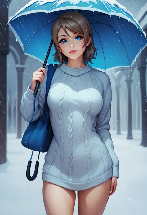 (masterpiece), cowboy shot,8k wallpaper, solo, realistic anime, watanabe you, standing, sweater, thighs, holding umbrella, snow ...