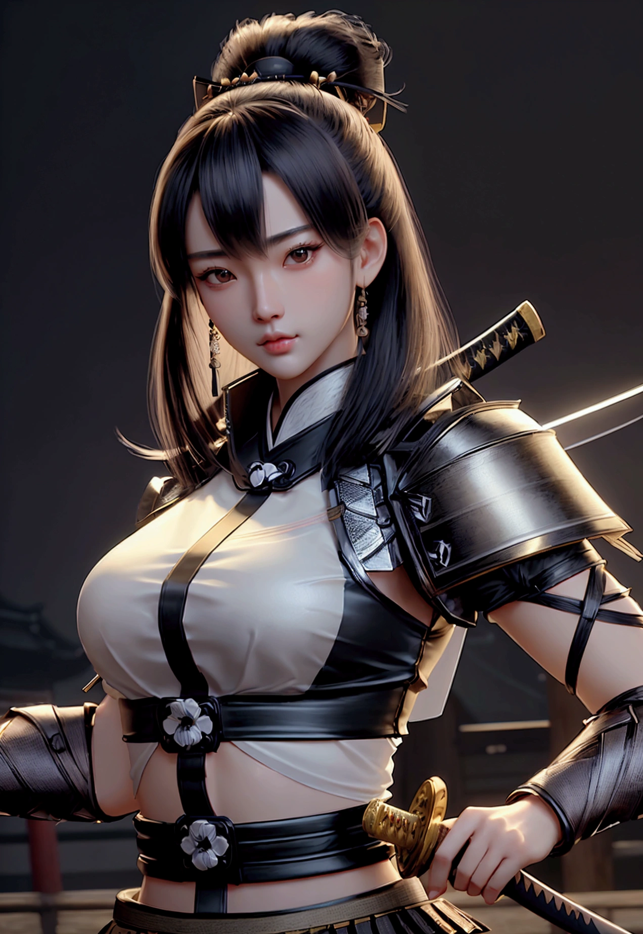 a beautiful samurai woman,crop top showing navel,holding a Japanese katana sword,wearing a traditional Japanese samurai hat,detailed facial features,intricate armor,ancient Japanese architecture background,cinematic lighting,highly detailed,photorealistic,8k,dramatic pose,vibrant colors,strong chiaroscuro,mystical atmosphere