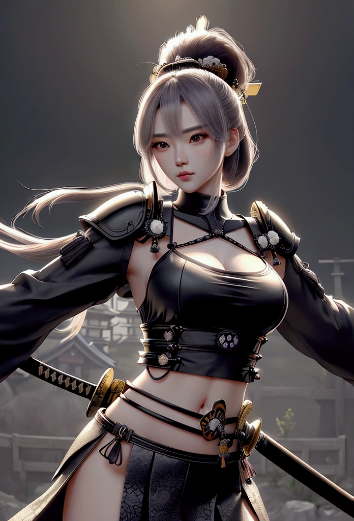 a beautiful samurai woman,crop top showing navel,holding a Japanese katana sword,wearing a traditional Japanese samurai hat,detailed facial features,intricate armor,ancient Japanese architecture background,cinematic lighting,highly detailed,photorealistic,8k,dramatic pose,vibrant colors,strong chiaroscuro,mystical atmosphere