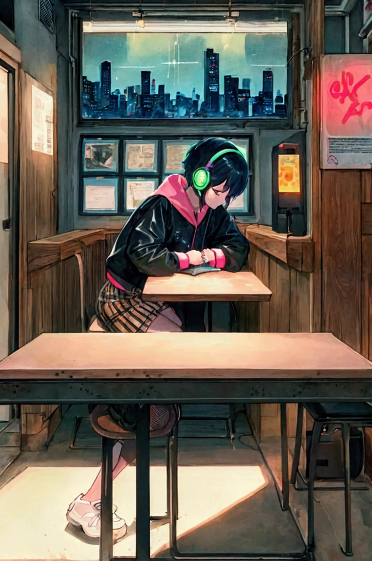 (praise), girl studying at the table, boyish short hair, reading a book, put on your headphones,  night light, neon scenery on a...