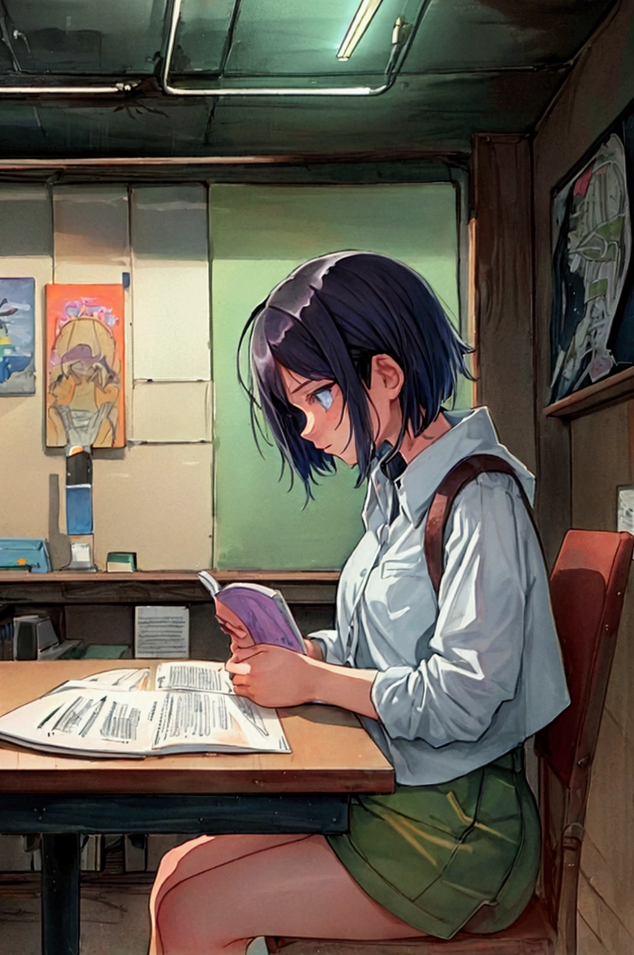 (praise), Girl studying at the table, Boyish short hair, Reading a book, Put on your headphones,  Night Light, Neon scenery on a rainy day,Analog Color Theme, Lo-fi hip hop , review, flat, 2.5D ,Line art, Ink painting, Large slope, Watercolor, Gouache color, Studio Ghibli Style, Great colorful, amount of sales, Synthwave, praise art,90s Style,Old Texture, amplitude,90s vibe, Tabletop, Great skills