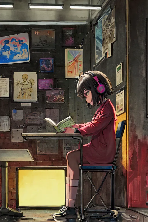 (praise), girl studying at the table, boyish short hair, reading a book, put on your headphones,  night light, neon scenery on a...