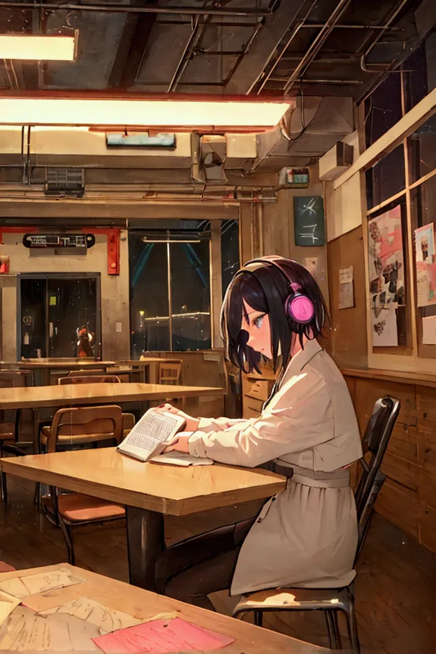 (praise), girl studying at the table, boyish short hair, reading a book, put on your headphones,  night light, neon scenery on a...