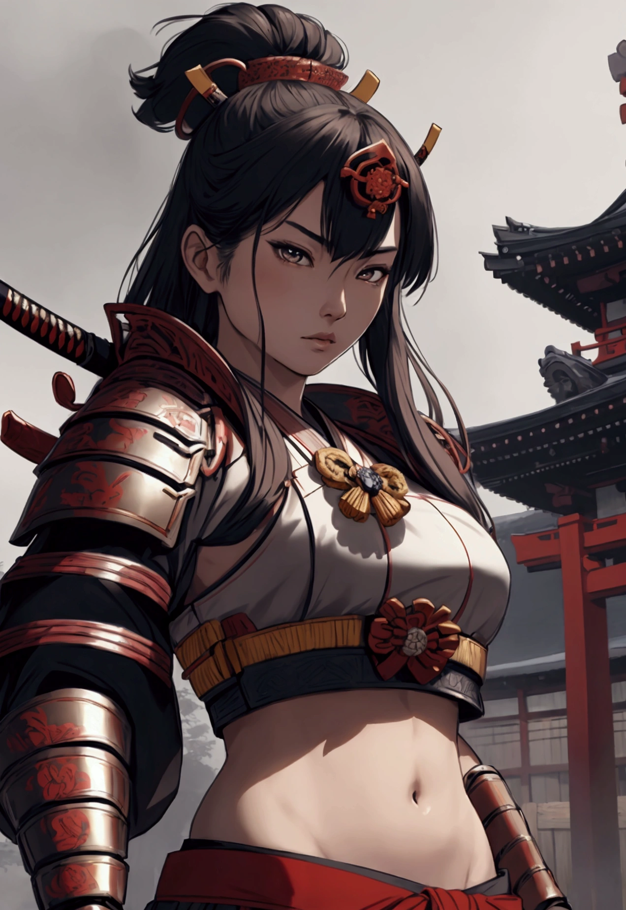 a beautiful samurai woman,crop top showing navel,holding a Japanese katana sword,wearing a traditional Japanese samurai hat,detailed facial features,intricate armor,ancient Japanese architecture background,cinematic lighting,highly detailed,photorealistic,8k,dramatic pose,vibrant colors,strong chiaroscuro,mystical atmosphere