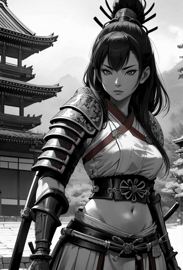 a beautiful samurai woman,crop top showing navel,holding a Japanese katana sword,wearing a traditional Japanese samurai hat,detailed facial features,intricate armor,ancient Japanese architecture background,cinematic lighting,highly detailed,photorealistic,8k,dramatic pose,vibrant colors,strong chiaroscuro,mystical atmosphere