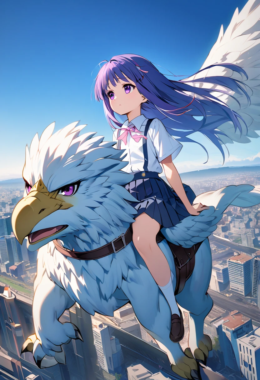 (griffin), ((Riding Griffin)), (Rika Furude), woman, alone, Long Hair, Blue Hair, Purple eyes, school uniform, Pink ribbon, Collared shirt, Pleated skirt, suspenders, Flat Chest, full body, (riding), Overlooking the city