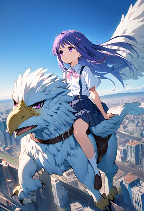 (griffin), ((riding griffin)), (rika furude), woman, alone, long hair, blue hair, purple eyes, school uniform, pink ribbon, coll...