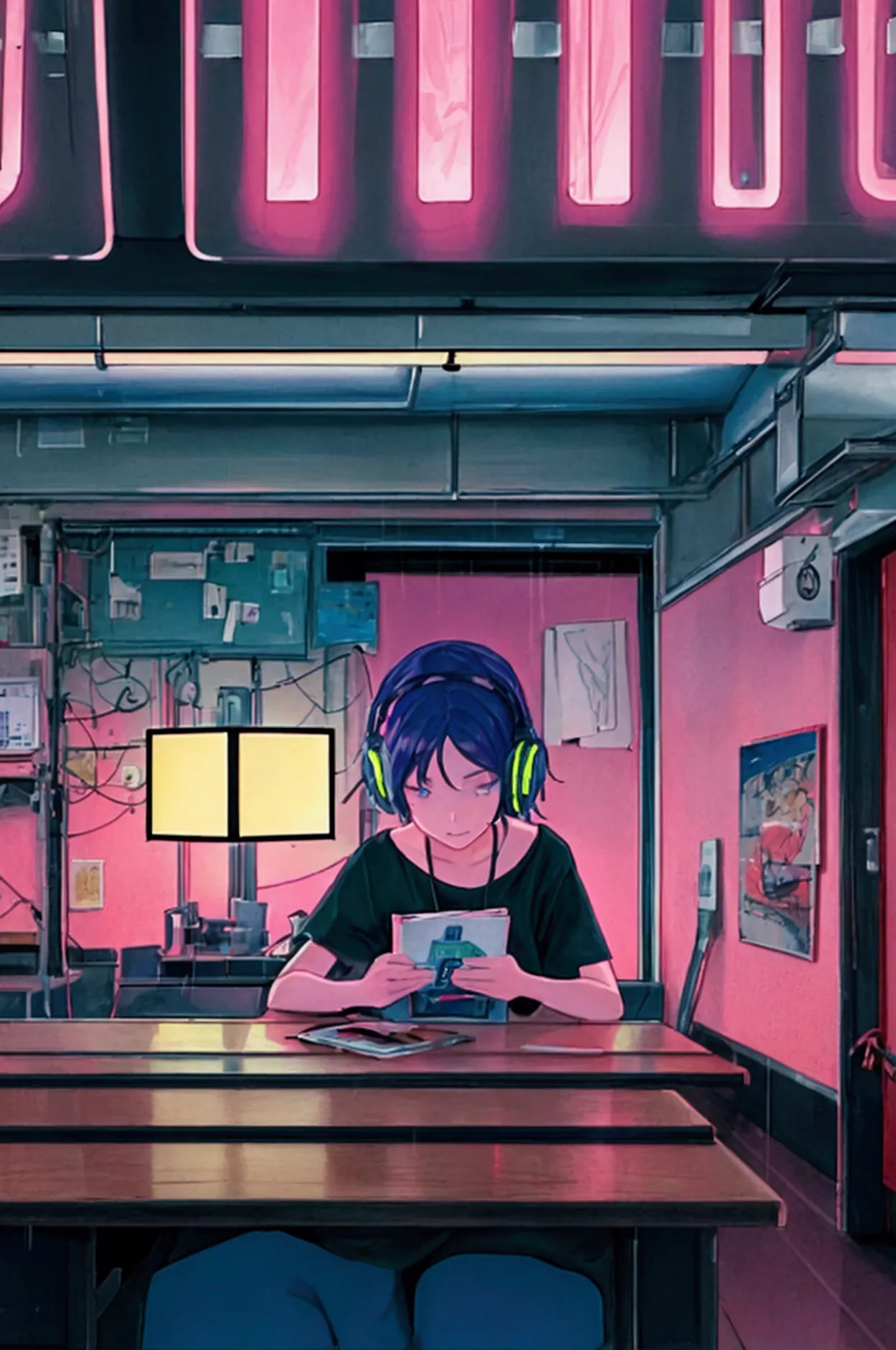 (praise), girl studying at the table, boyish short hair, reading a book, put on your headphones,  night light, neon scenery on a...