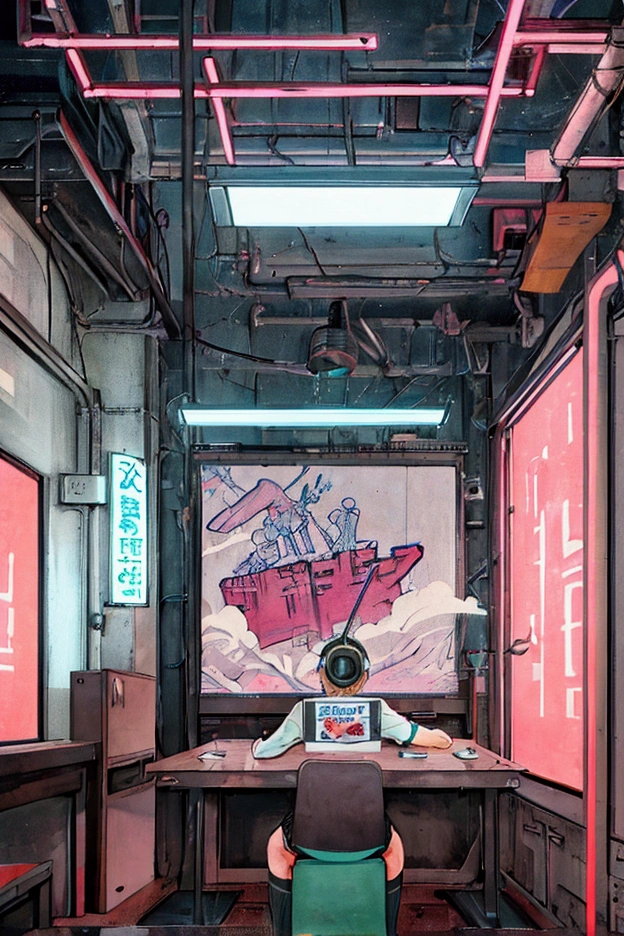 (praise), Girl studying at the table, Boyish short hair, Reading a book, Put on your headphones,  Night Light, Neon scenery on a rainy day,Analog Color Theme, Lo-fi hip hop , review, flat, 2.5D ,Line art, Ink painting, Large slope, Gouache color, Studio Ghibli Style, Great colorful, amount of sales, Synthwave, praise art,90s Style,Old Texture, amplitude,90s vibe, Tabletop, Great skills