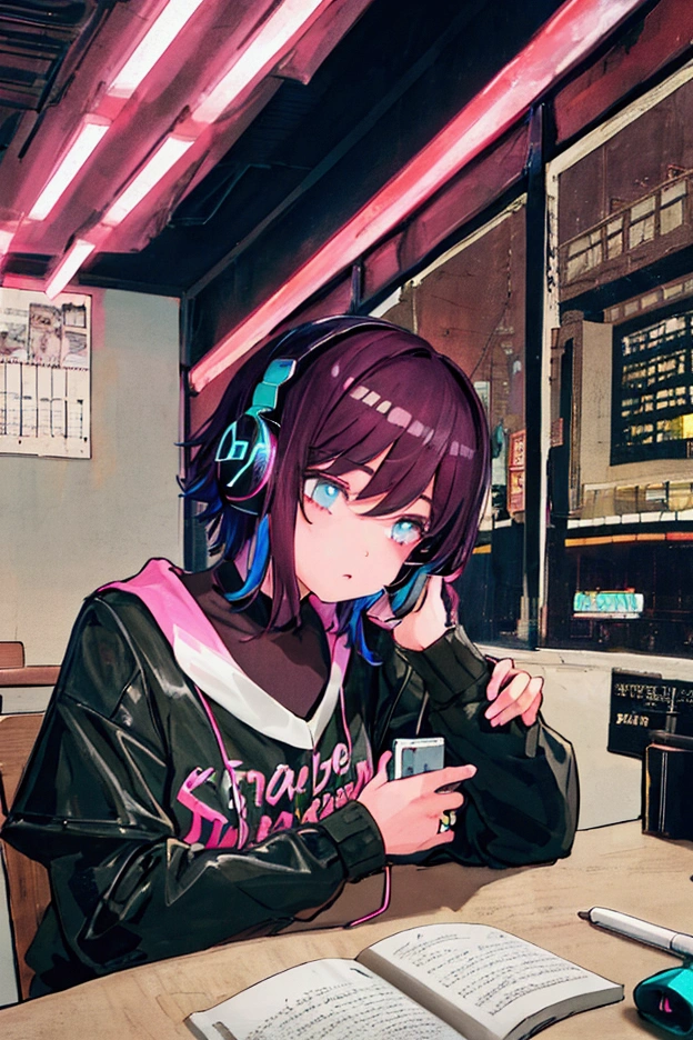 (praise), Girl studying at the table, Boyish short hair, Reading a book, Put on your headphones,  Night Light, Neon scenery on a rainy day,Analog Color Theme, Lo-fi hip hop , review, flat, 2.5D ,Line art, Ink painting, Large slope, Gouache color, Studio Ghibli Style, Great colorful, amount of sales, Synthwave, praise art,90s Style,Old Texture, amplitude,90s vibe, Tabletop, Great skills