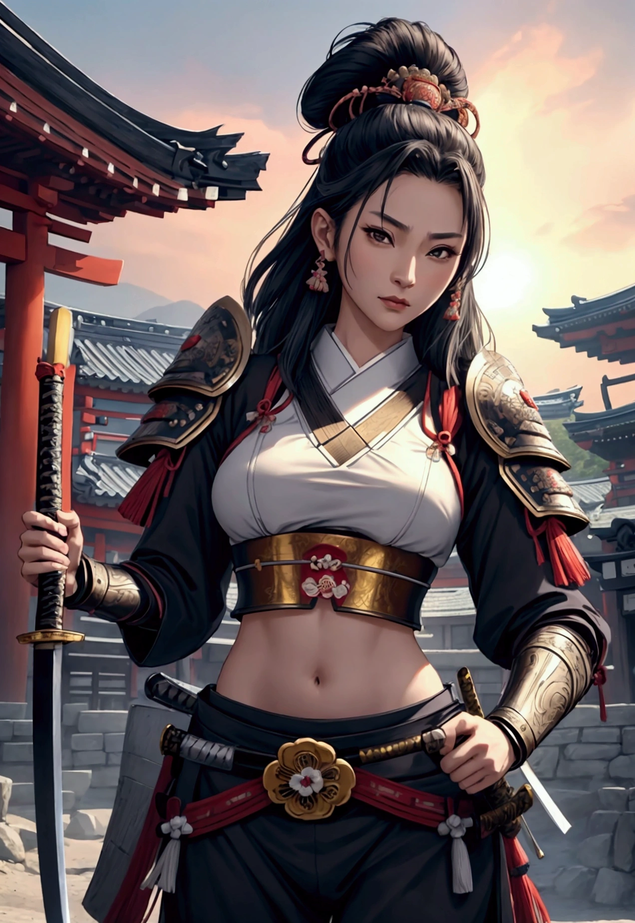 a beautiful samurai woman,45 years-old,crop top showing navel,holding a Japanese katana sword,wearing a traditional Japanese samurai hat,detailed facial features,intricate armor,ancient Japanese architecture background,cinematic lighting,highly detailed,photorealistic,8k,dramatic pose,vibrant colors,strong chiaroscuro,mystical atmosphere