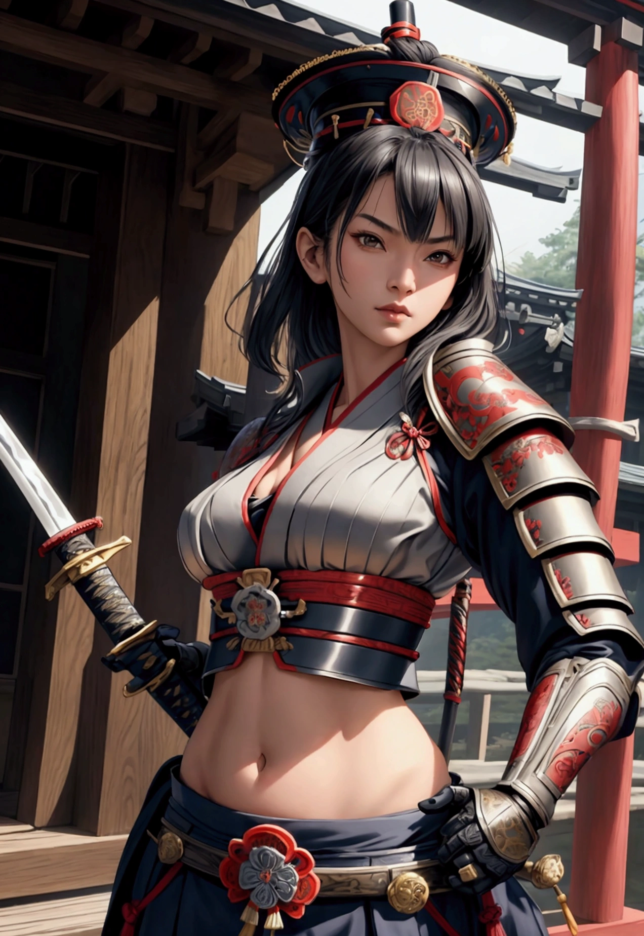 a beautiful samurai woman,45 years-old,crop top showing navel,expose belly,holding a Japanese katana sword,wearing a traditional Japanese samurai hat,detailed facial features,intricate armor,ancient Japanese architecture background,cinematic lighting,highly detailed,photorealistic,8k,dramatic pose,vibrant colors,strong chiaroscuro,mystical atmosphere