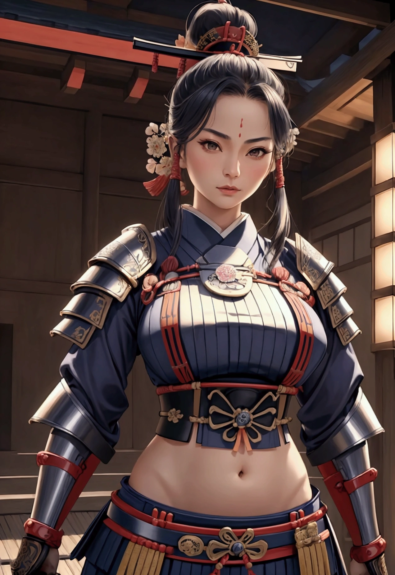 a beautiful samurai woman,45 years-old,crop top showing navel,expose belly,holding a Japanese katana sword,wearing a traditional Japanese samurai hat,detailed facial features,intricate armor,ancient Japanese architecture background,cinematic lighting,highly detailed,photorealistic,8k,dramatic pose,vibrant colors,strong chiaroscuro,mystical atmosphere