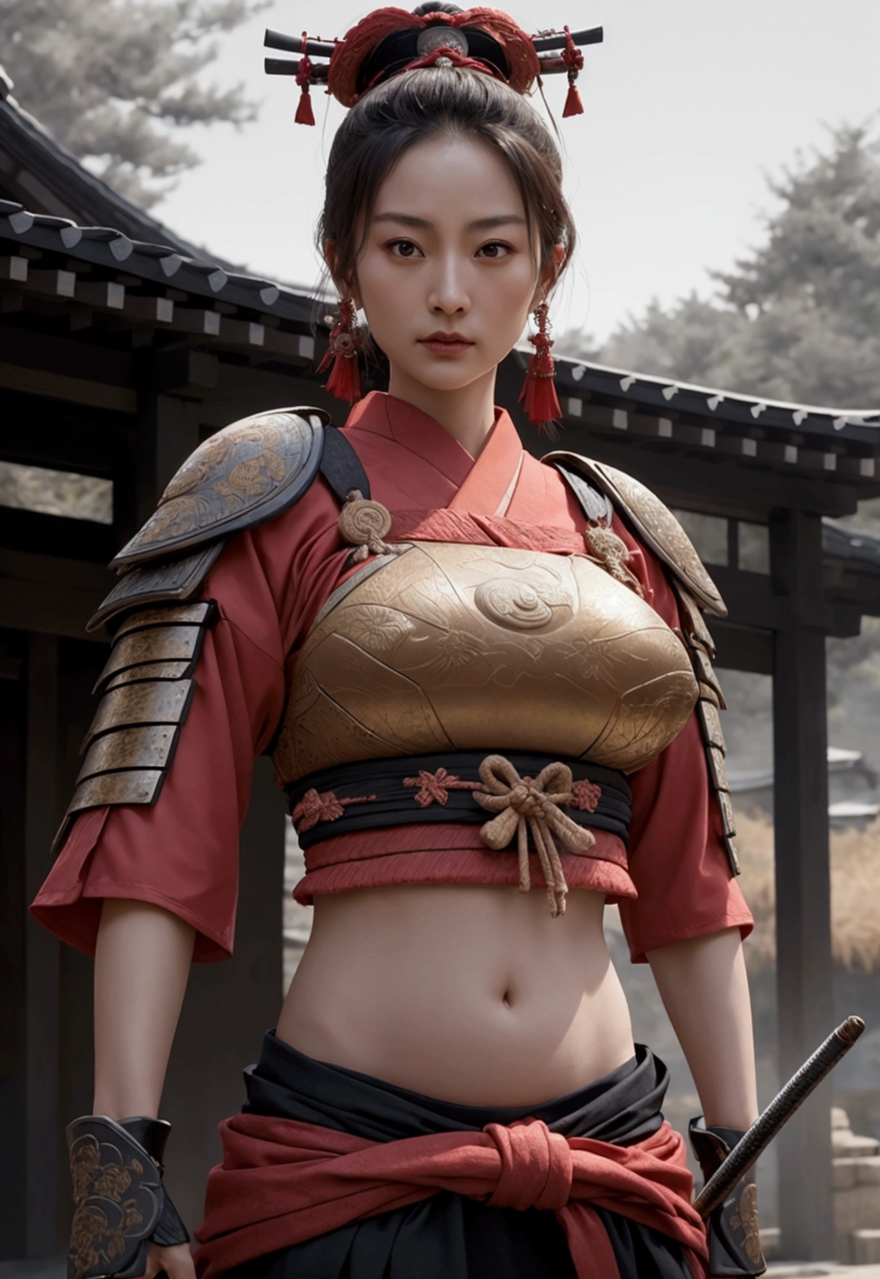 a beautiful samurai woman,45 years-old,crop top showing navel,expose belly,holding a Japanese katana sword,wearing a traditional Japanese samurai hat,detailed facial features,intricate armor,ancient Japanese architecture background,cinematic lighting,highly detailed,photorealistic,8k,dramatic pose,vibrant colors,strong chiaroscuro,mystical atmosphere