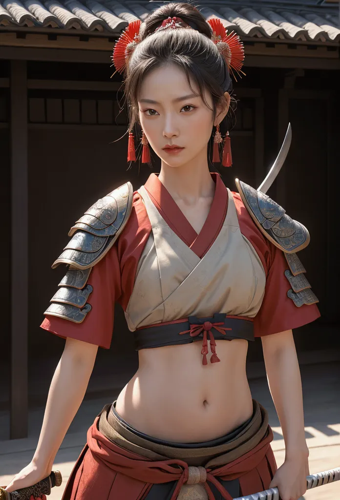 a beautiful samurai woman,45 years-old,crop top showing navel,expose belly,holding a japanese katana sword,wearing a traditional...