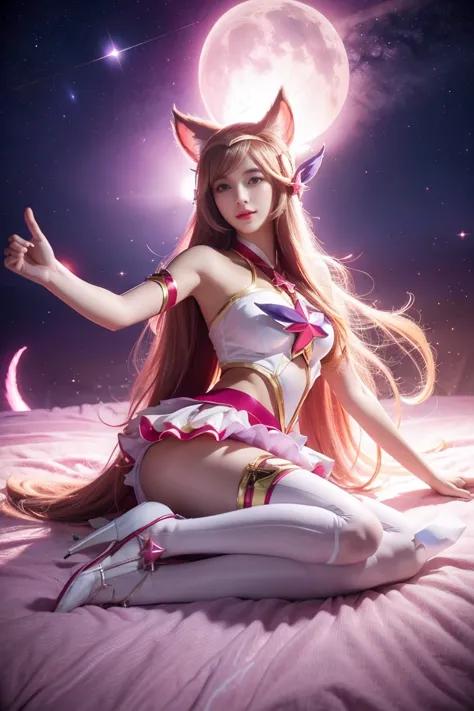 star guardian ahri, 1girl, animal ears, hair accessories, strip sleeves, bare shoulders, skirt, magical girl, multiple tails, wh...