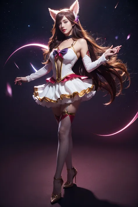 star guardian ahri, 1girl, animal ears, hair accessories, strip sleeves, bare shoulders, skirt, magical girl, multiple tails, wh...