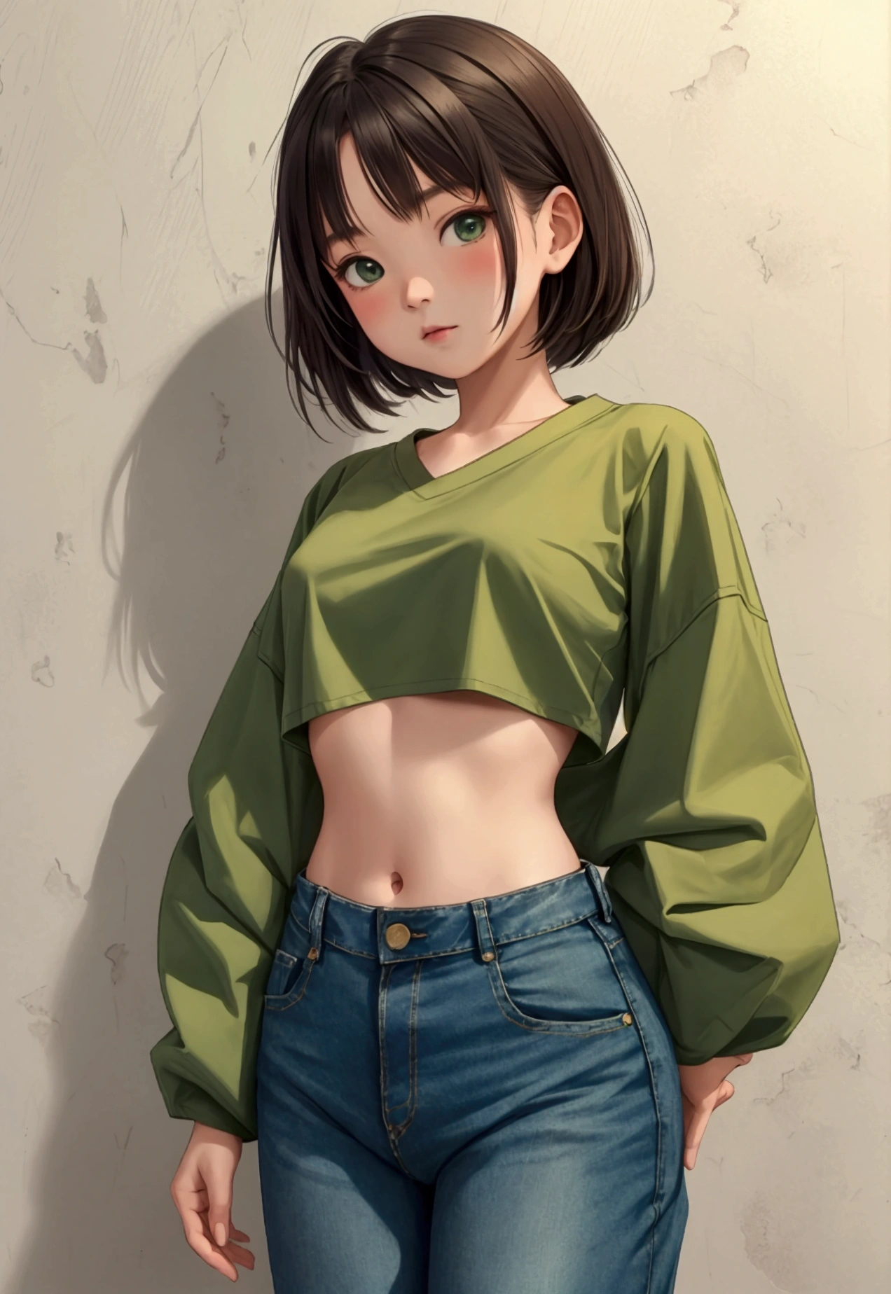 12 years-old Japanese girl,crop top green shirt, jean pants 