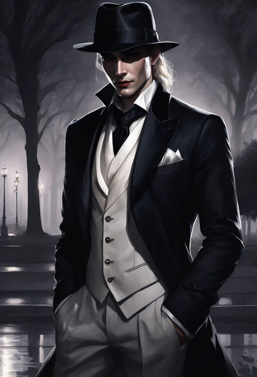 (good quality), (many details), (masterpiece), Charlie Bowater style, Vampire at night in the park, Gloomy aura, Shadows gather behind him, fedora, blond hair, angular face, suit, Schattenbeschwörer, lasombra 