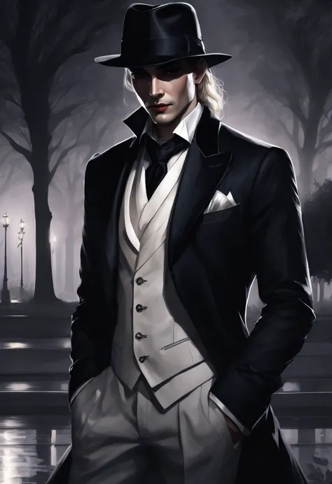 (good quality), (many details), (masterpiece), charlie bowater style, vampire at night in the park, gloomy aura, shadows gather ...