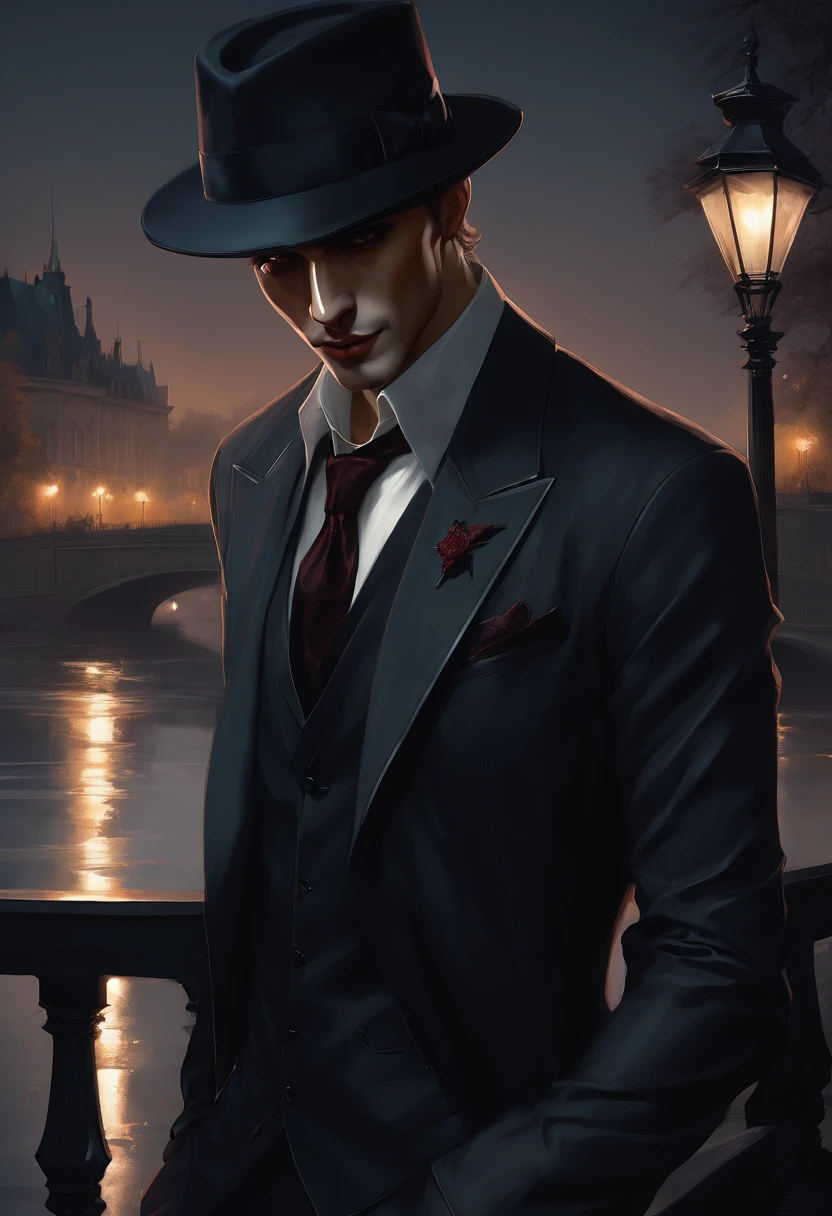 (good quality), (many details), (masterpiece), Charlie Bowater style, Vampire at night in the park, Gloomy aura, Shadows gather behind him, fedora, blond hair, angular face, suit, Schattenbeschwörer, lasombra 