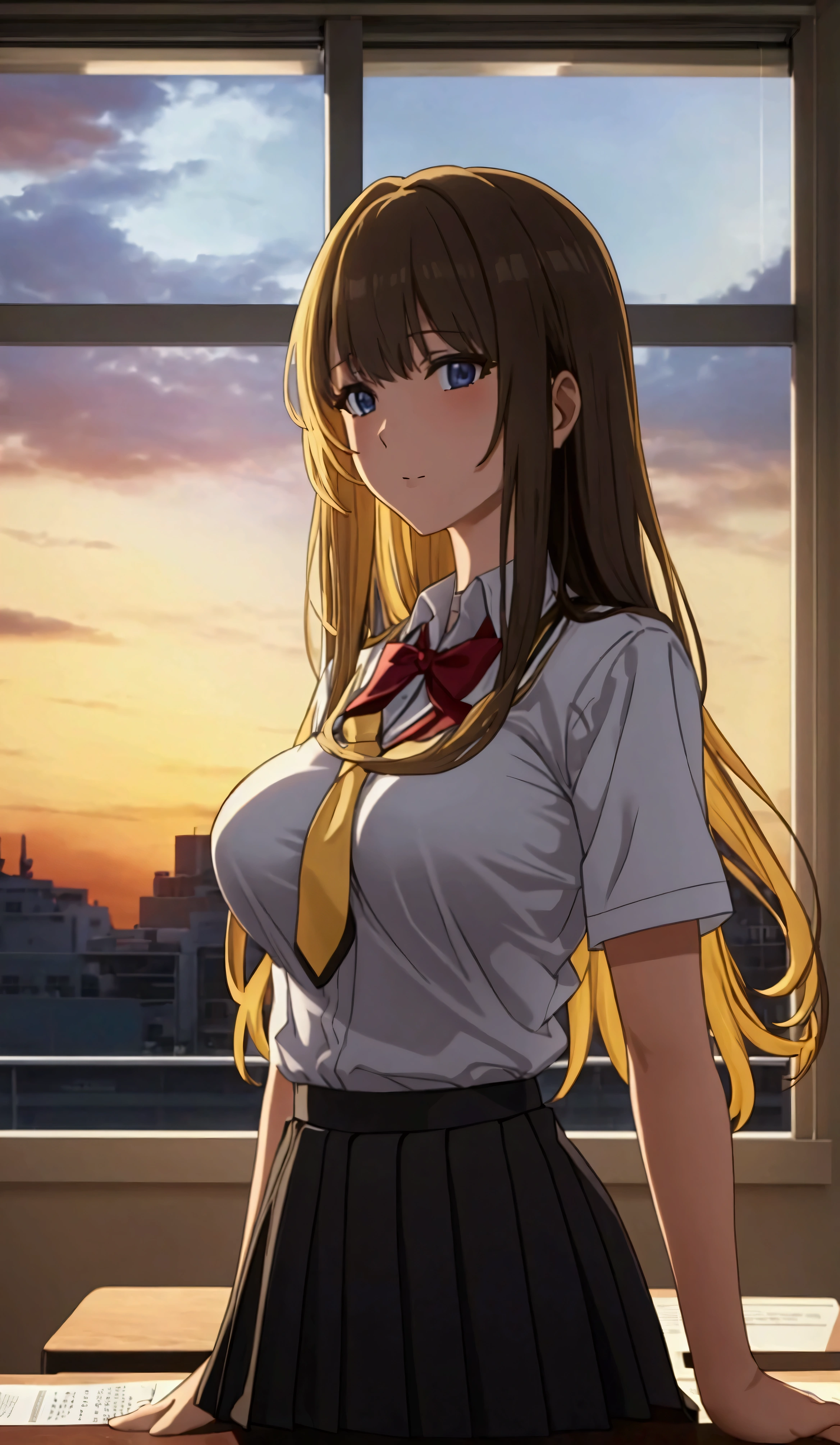 Highest quality　masterpiece　High resolution　1 person　Blonde dark girl　Long Bangs　High school uniform　(garter belt)　(Big Breasts)　School classroom　evening　Get on the desk