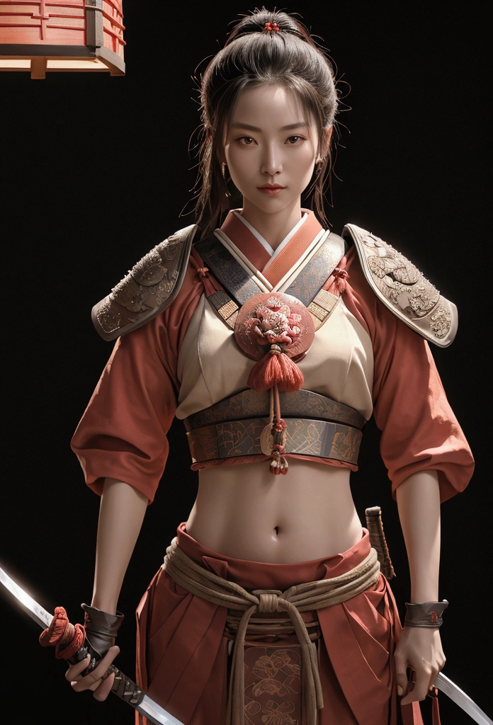 a beautiful samurai woman,45 years-old,crop top showing navel,expose belly,holding a Japanese katana sword,wearing a traditional Japanese samurai hat,detailed facial features,intricate armor,ancient Japanese architecture background,cinematic lighting,highly detailed,photorealistic,8k,dramatic pose,vibrant colors,strong chiaroscuro,mystical atmosphere