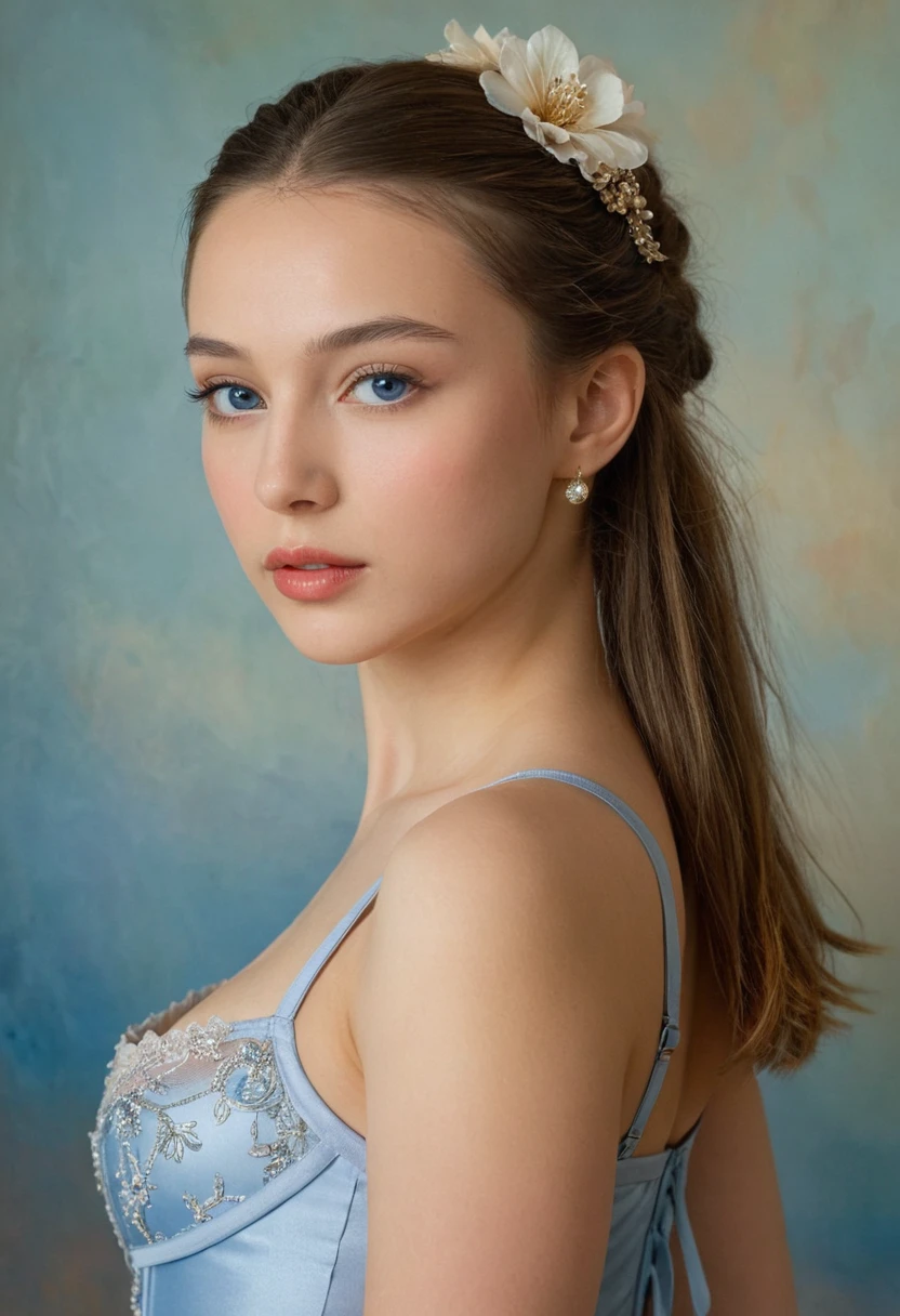 (highres,masterpiece:1.2),(realistic:1.37)"(best quality, highres, ultra-detailed, realistic),beautiful 19th-century portrait of a 1 French ballet dancer, (She is half French and half Japanese, and is a stunning beauty with dark blue eyes and a high nose:1.1), elaborate ballet costume, detailed facial features, long graceful neck, flowing locks of hair, poised and elegant posture, soft and delicate lighting, classic oil painting medium, vibrant colors, subtle background with floral motifs", dreamy atmosphere, Surrealism,mystical aura