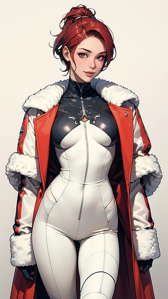  ((colorful suit)),  ((bandaged arms)), ((colorful clothes, more than 3colors))robe, (((best quality:1.4))), (Unbeatable masterpiece), (hyper HD),(CG 8k hyper-realistic), beautiful face, (beautiful shape breasts), (hyper feminine), sexy girl,24yo,  (round face), (ultra short red hair with white highlights)), BREAK, (((sculptural body ))), (1 girl), perfect body, Beautiful and well-groomed face, muscular body:1.2, ultra detail jacket, (Head to thigh photos)， Complex equipment, Tight clothes，With white stars and off-white stripes, Armor Metal Electronic Parts, Poison tattoos), (standing), sexy, pose and attitude, work of art, dancing, ((slight smile)), post-apocalypse, bounty hunter, modern art clothes, advanced technology, white, yellow accent, black, red accent, fur collar jacket, sleeves with vertical striped pattern, (intricate detail background), ((cowboy shot)). intricate visual, slim waist