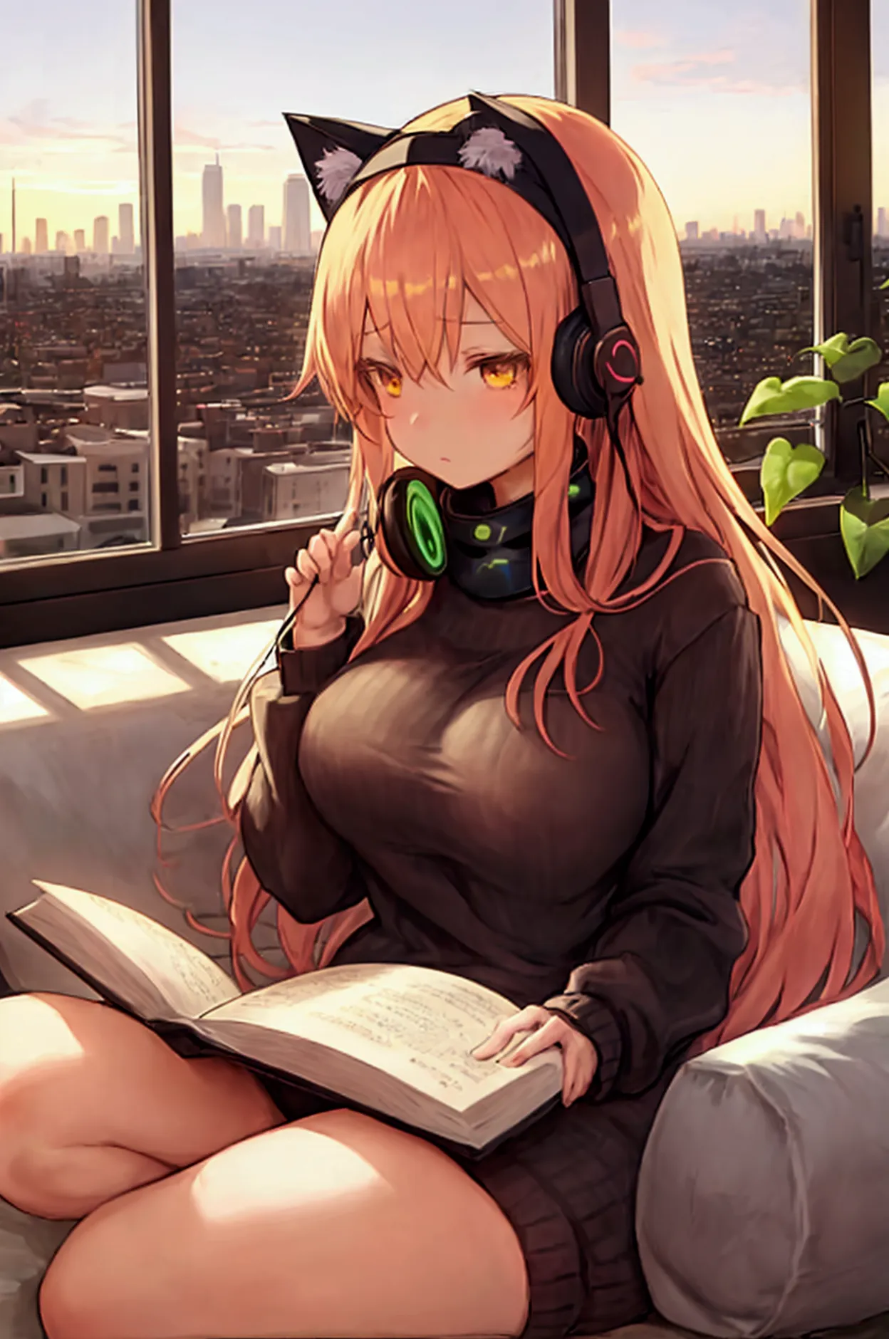 a detailed anime girl, wearing a large sweater, wearing headband headphones, lofi, tranquil, quiet vibes, chilling, in her livin...