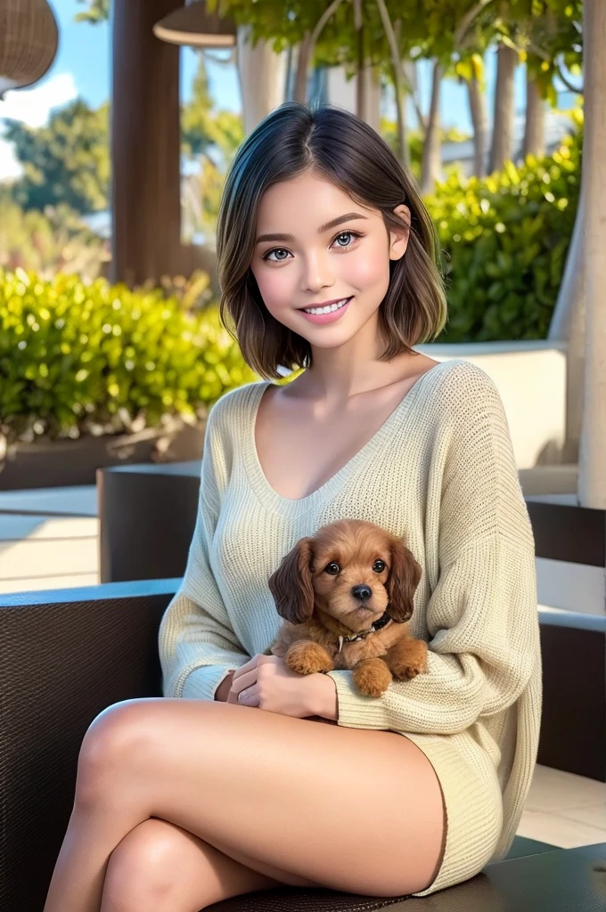 Cute girl, gardenias, short messed green hair, brown eyes, round face, wearing brown sweater, sitting in café drinking coffee, sunset, toothy smile, without bangs, holding a poodle puppy in her arms, natural lighting, game of shadows, (masterpiece:1.2), (realistic:1.5), UHD, award winning photography, imperfect skin, detailed face and skin, glossy skin, full body, 