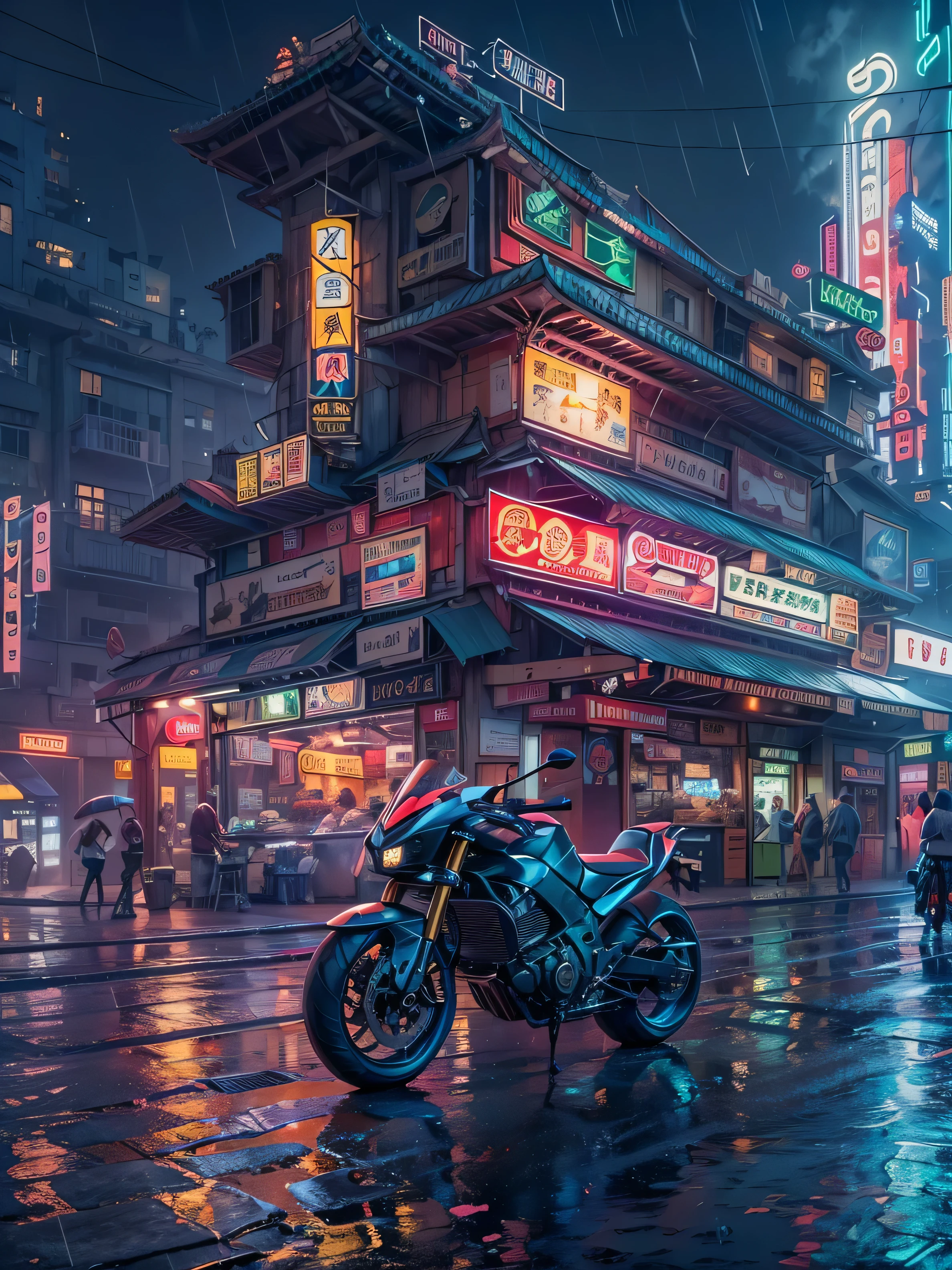 ((masterpiece)),((best quality)),((High Detail)),((Practical,)) Future Era City, There is a deep canyon in the middle, Building Street, market, bridge, Cyberpunk, European Architecture, Rainy night, neon, Futuristic motorcycle