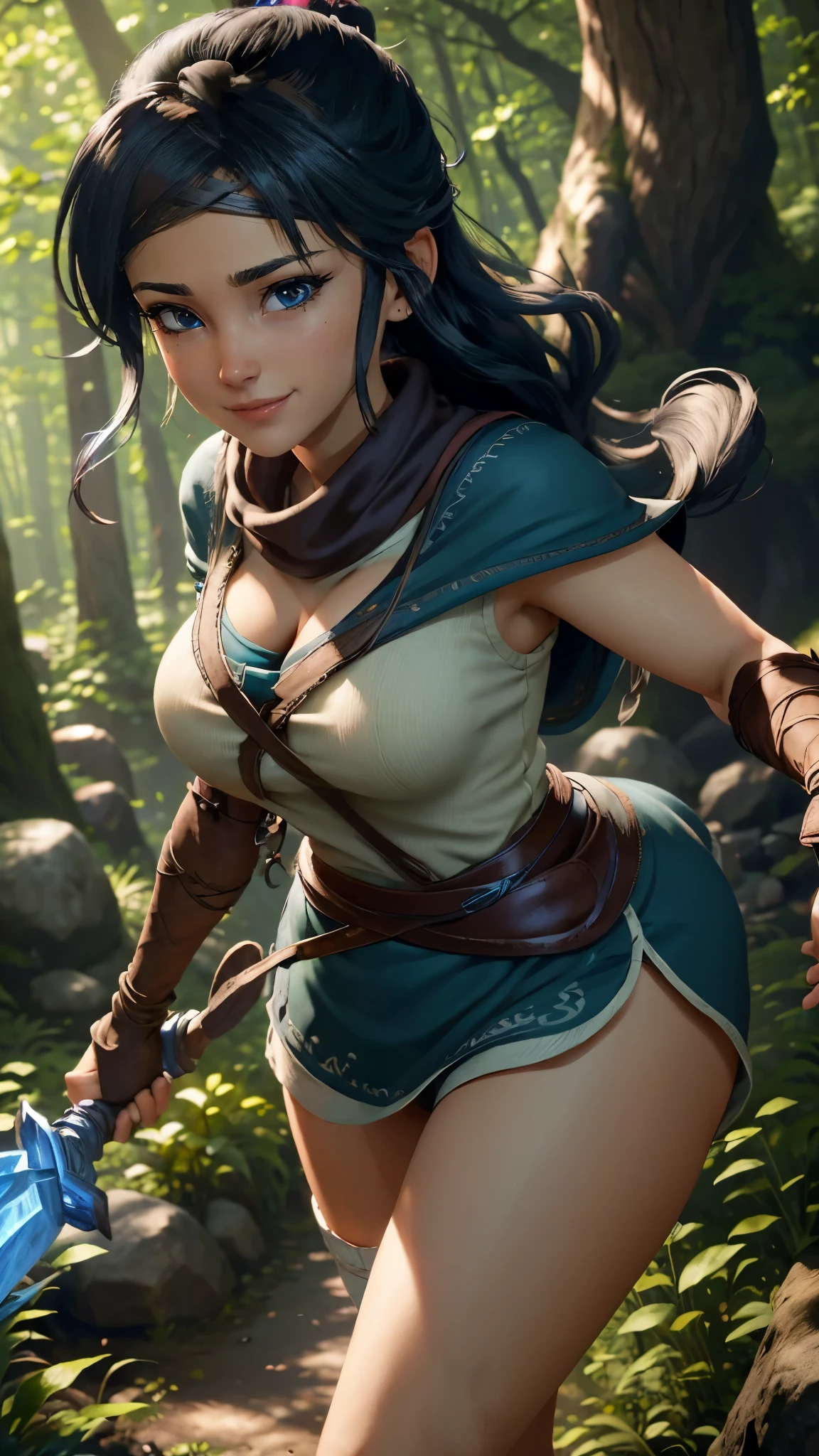 Kena da bridge of spirits,(best qualityer,4K,8k,high resolution,work of art:1.2)(weather: windy), spirit forest background, long hair, micro shorts, thigh high socks, magic scepter, headband,gloves,ultra detailed,realisitic,portraite,beautiful detailed blue eyes,beautiful detailed lips,extremely detailed eye and face, long eyelashes,sexly,average, large breasts, cleavage,flying hair,beaming smile,powerful girl in a forest, walking,stunning curves,bright coloured,dramatic lighting,composition,