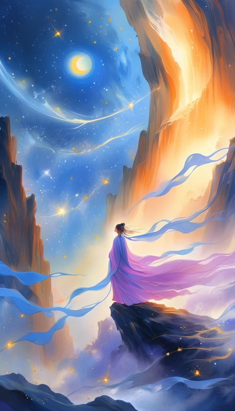 A beautiful woman standing on a cliff looking up at the starry sky, （Beautiful silhouette），Surrounded by a vortex of cosmic energy，Shrouded in a dreamy mist。Figure in flowing robe.，elegant，Light，Become one with the flow of heaven and earth。The sky is a tapestry of deep violet and blue，星Light点缀，The scenery below suggests softness、Rolling mountains，Astral Ether, Fantastic numbers, ethereal essence, Ethereal fantasy, Ethereal Beauty, Digital Art Fantasy, Beautiful fantasy painting, Beautiful fantasy art, Stunning fantasy art, Inspired by Cyril Rolando (Cyril Rolando), Fantasy art style, Gently rotating magical energy, Fantasy Numbers, Fantasy Numbers艺术, Empty Mind, of Ethereal fantasy，Artistic Beauty，Gold Thread。Track gold。