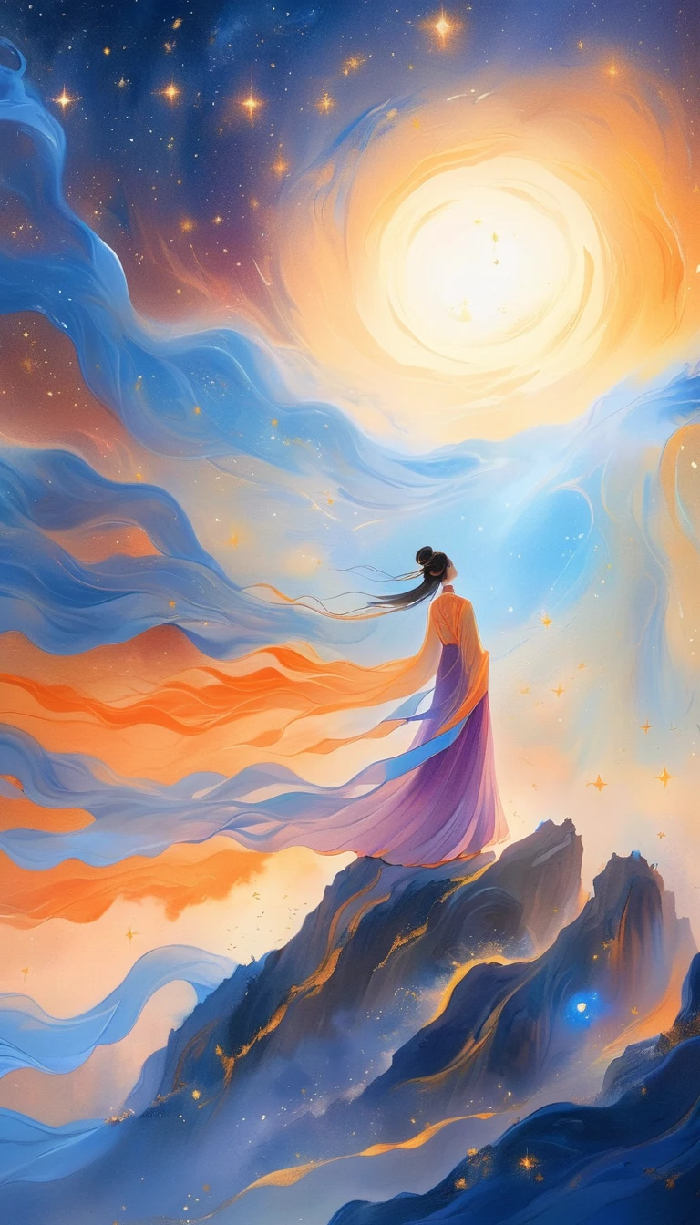 A beautiful woman standing on a cliff looking up at the starry sky, （Beautiful silhouette），Surrounded by a vortex of cosmic energy，Shrouded in a dreamy mist。Figure in flowing robe.，elegant，Light，Become one with the flow of heaven and earth。The sky is a tapestry of deep violet and blue，星Light点缀，The scenery below suggests softness、Rolling mountains，Astral Ether, Fantastic numbers, ethereal essence, Ethereal fantasy, Ethereal Beauty, Digital Art Fantasy, Beautiful fantasy painting, Beautiful fantasy art, Stunning fantasy art, Inspired by Cyril Rolando (Cyril Rolando), Fantasy art style, Gently rotating magical energy, Fantasy Numbers, Fantasy Numbers艺术, Empty Mind, of Ethereal fantasy，Artistic Beauty，Gold Thread。Track gold。