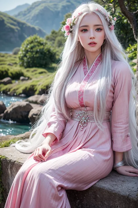 a beautiful girl with long white hair, bright pink eyes, wearing traditional clothing, sitting in a wuthering waves style landsc...