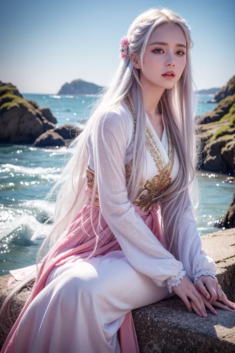 a beautiful girl with long white hair, bright pink eyes, wearing traditional clothing, sitting in a wuthering waves style landsc...