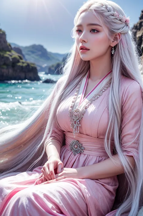 a beautiful girl with long white hair, bright pink eyes, wearing traditional clothing, sitting in a wuthering waves style landsc...