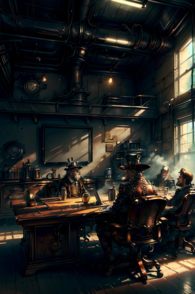 (masterpiece, best quality: 1.2), ultra detailed, cinematic lighting, HDR, meeting scene, conference room, steampunk outfits, ((multiple men and women)), sitting, long table, steampunk schematics, schematics on walls, steampunk conference room style, large window, eccentric steampunk ornaments, Steampunk aesthetic 