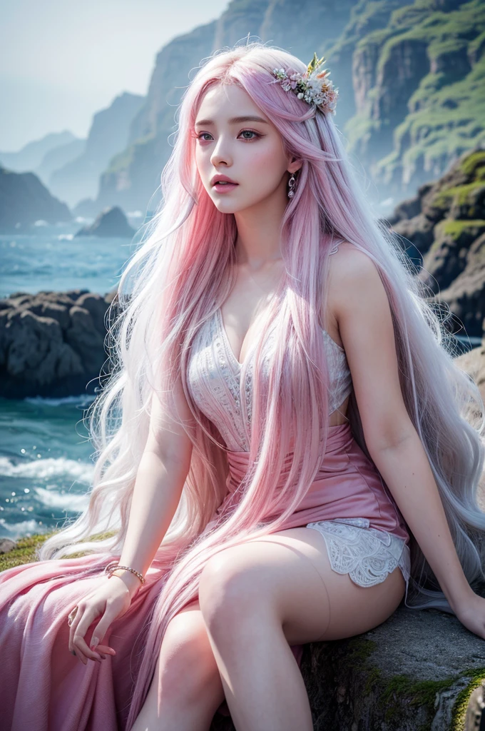 A beautiful girl with long white hair, bright pink eyes, sitting in a wuthering waves style landscape, detailed facial features, detailed clothing, extremely detailed and realistic, masterpiece, 4k, ultra-detailed, photorealistic, vibrant colors, dramatic lighting, intricate details, elegant and serene