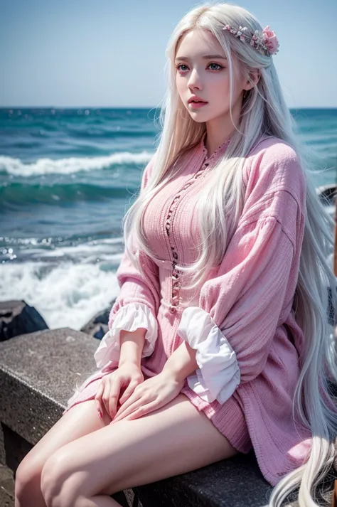 a beautiful girl with long white hair, bright pink eyes, sitting in a wuthering waves style landscape, detailed facial features,...