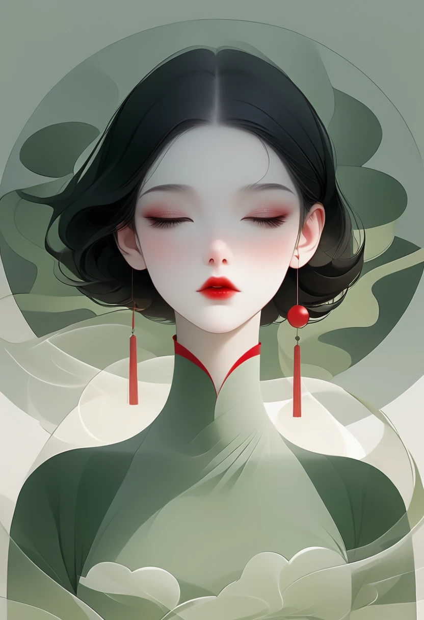 (masterpiece, best quality:1.2), 1 girl, Solitary,Pretty Face，Red lips，Black Hair，Simple hairstyle，Minimalist Art Nouveau，Illustration style，Black and green，geometry