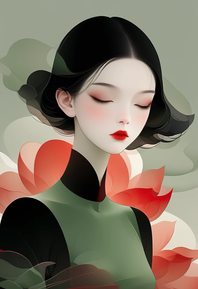 (masterpiece, best quality:1.2), 1 girl, Solitary,Pretty Face，Red lips，Black Hair，Simple hairstyle，Minimalist Art Nouveau，Illustration style，Black and green，geometry