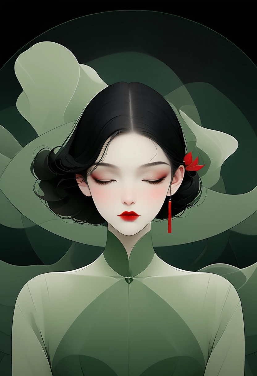 (masterpiece, best quality:1.2), 1 girl, Solitary,Pretty Face，Red lips，Black Hair，Simple hairstyle，Minimalist Art Nouveau，Illustration style，Black and green，geometry